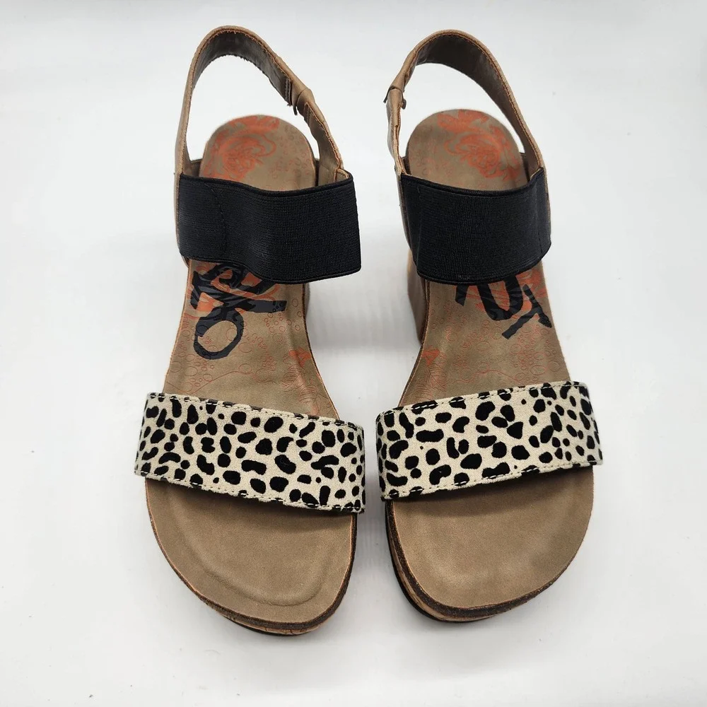 OTBT Bushnell‎ Platform Wedge Sandals Women's 7M Leopard Print Black Tan Cork